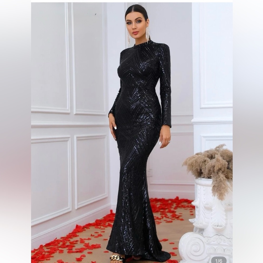 Sophisticated Black Sequin mermaid Long Sleeve Dress